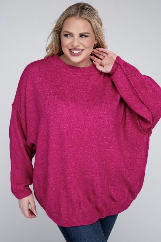 Zenana Plus Oversized Round Neck Raw Seam Melange Sweater us.meeeshop - Shirts & Tops