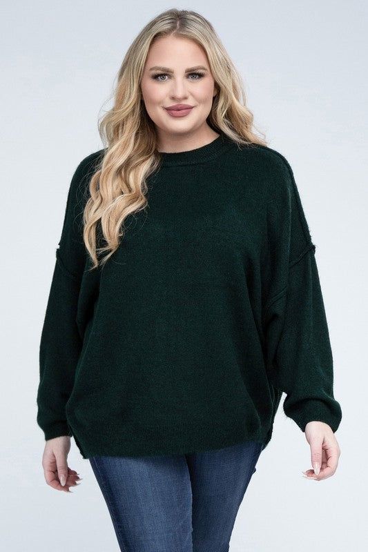 Zenana Plus Oversized Round Neck Raw Seam Melange Sweater us.meeeshop - 