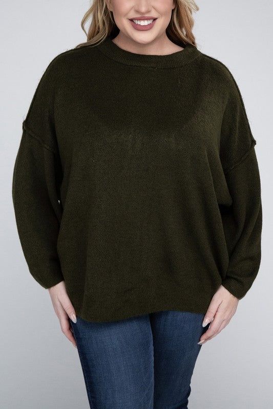 Zenana Plus Oversized Round Neck Raw Seam Melange Sweater us.meeeshop - 