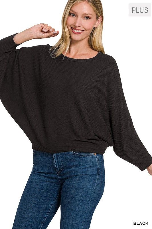 Zenana Plus Ribbed Batwing Long Sleeve Boat Neck Sweater us.meeeshop - 