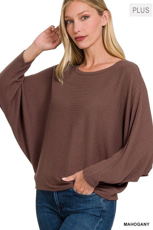 Zenana Plus Ribbed Batwing Long Sleeve Boat Neck Sweater us.meeeshop - Shirts & Tops