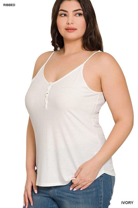 Zenana Plus Ribbed Half Snap Button Closure Cami Top us.meeeshop - 