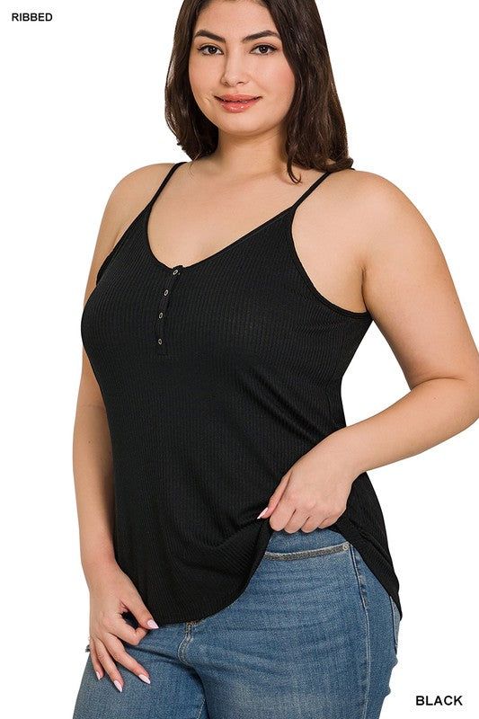 Zenana Plus Ribbed Half Snap Button Closure Cami Top us.meeeshop - Shirts & Tops