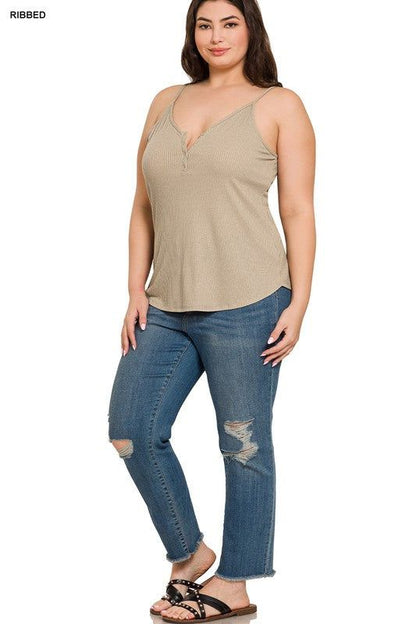 Zenana Plus Ribbed Half Snap Button Closure Cami Top us.meeeshop - 