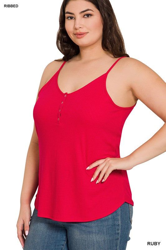 Zenana Plus Ribbed Half Snap Button Closure Cami Top us.meeeshop - 