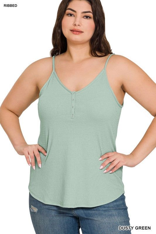 Zenana Plus Ribbed Half Snap Button Closure Cami Top us.meeeshop - 