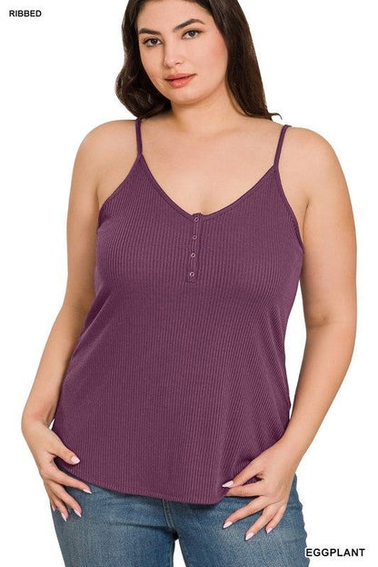 Zenana Plus Ribbed Half Snap Button Closure Cami Top us.meeeshop - 