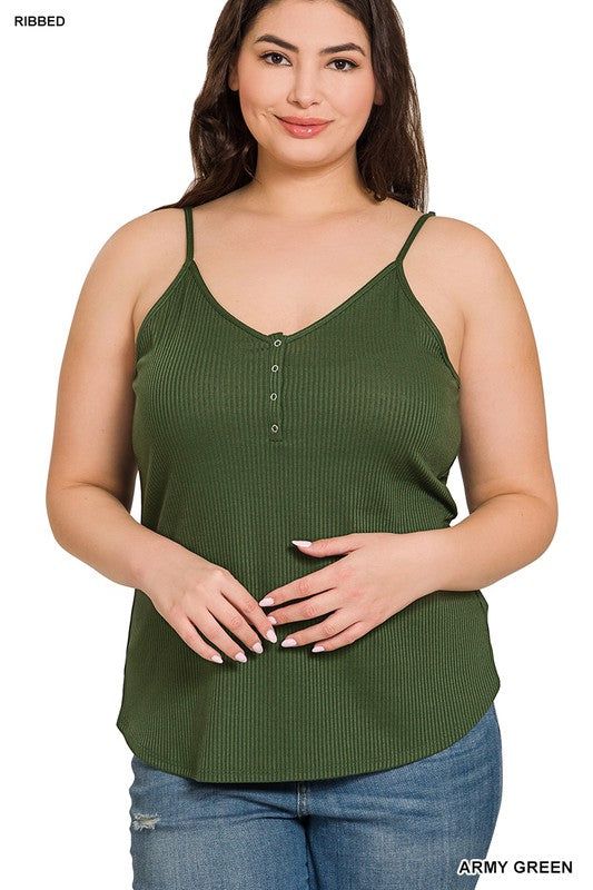 Zenana Plus Ribbed Half Snap Button Closure Cami Top us.meeeshop - 