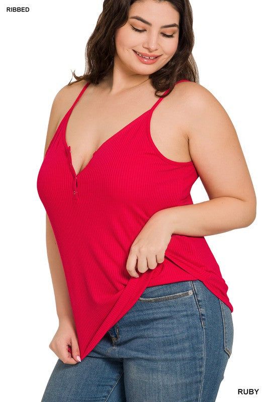 Zenana Plus Ribbed Half Snap Button Closure Cami Top us.meeeshop - 