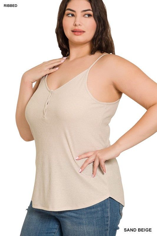 Zenana Plus Ribbed Half Snap Button Closure Cami Top us.meeeshop - 