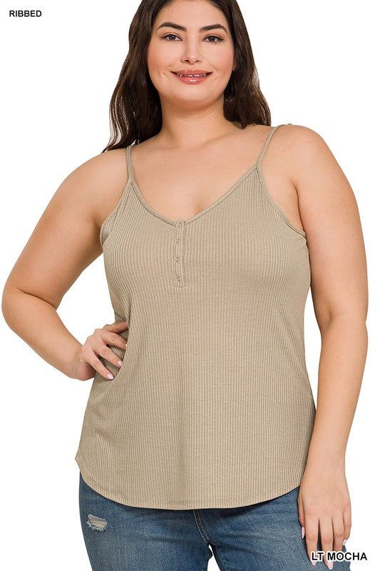 Zenana Plus Ribbed Half Snap Button Closure Cami Top us.meeeshop - 