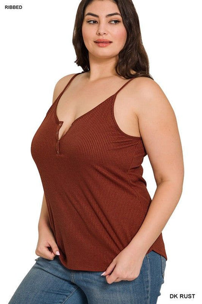 Zenana Plus Ribbed Half Snap Button Closure Cami Top us.meeeshop - 