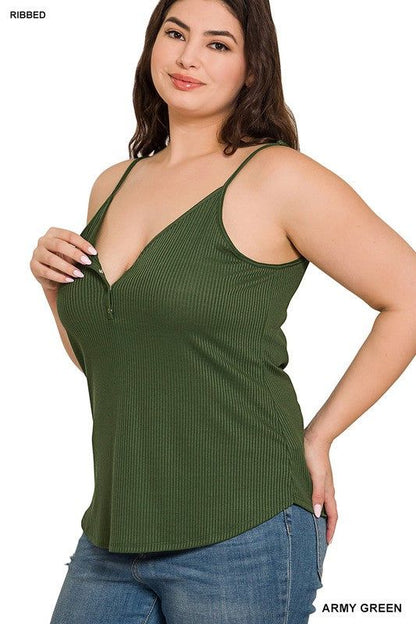 Zenana Plus Ribbed Half Snap Button Closure Cami Top us.meeeshop - 