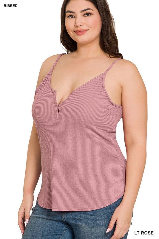 Zenana Plus Ribbed Half Snap Button Closure Cami Top us.meeeshop - 