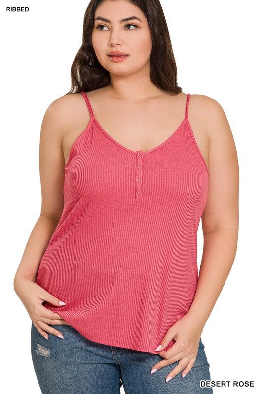 Zenana Plus Ribbed Half Snap Button Closure Cami Top us.meeeshop - 