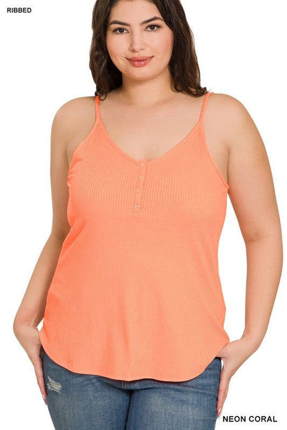 Zenana Plus Ribbed Half Snap Button Closure Cami Top us.meeeshop - 