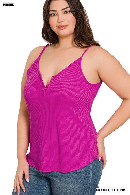 Zenana Plus Ribbed Half Snap Button Closure Cami Top us.meeeshop - 