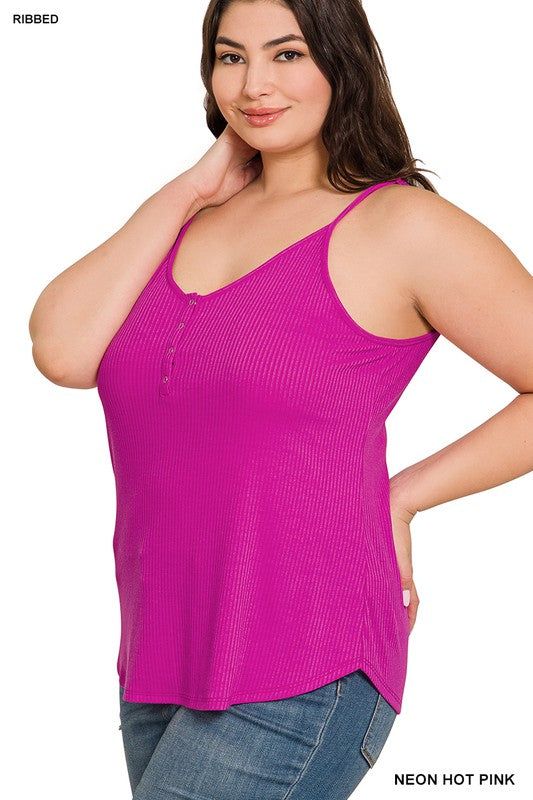 Zenana Plus Ribbed Half Snap Button Closure Cami Top us.meeeshop - 