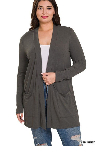 Zenana Plus Slouchy Pocket Open Cardigan us.meeeshop - Shirts & Tops