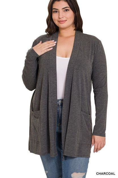 Zenana Plus Slouchy Pocket Open Cardigan us.meeeshop - 