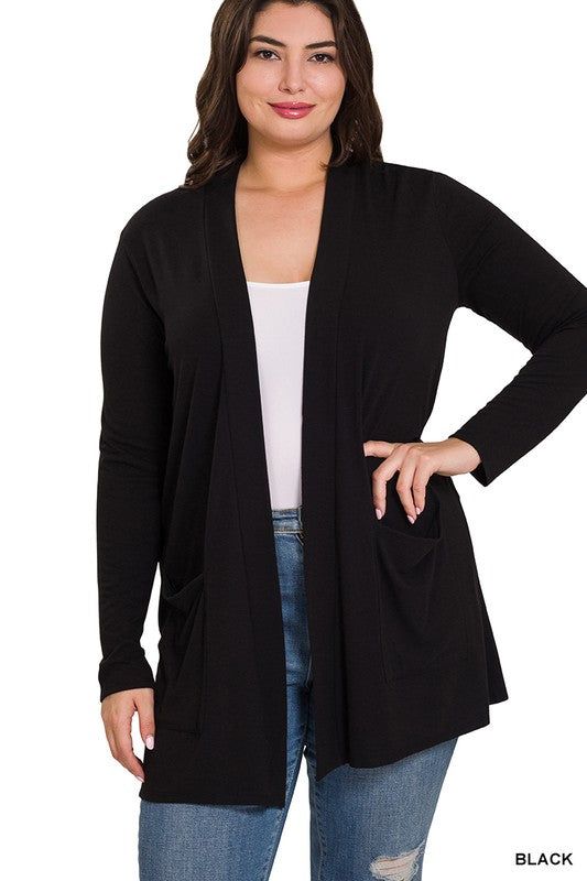 Zenana Plus Slouchy Pocket Open Cardigan us.meeeshop - 