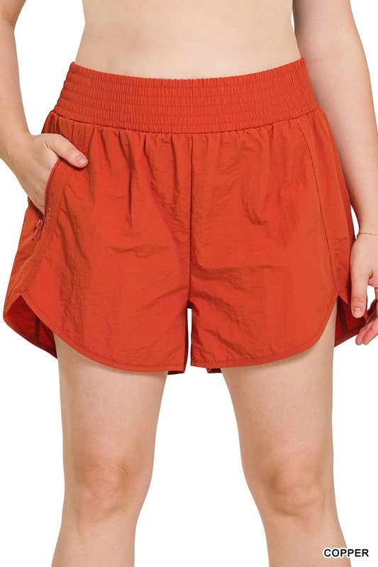 Zenana Plus Windbreaker Smocked Waistband Running Shorts us.meeeshop - 