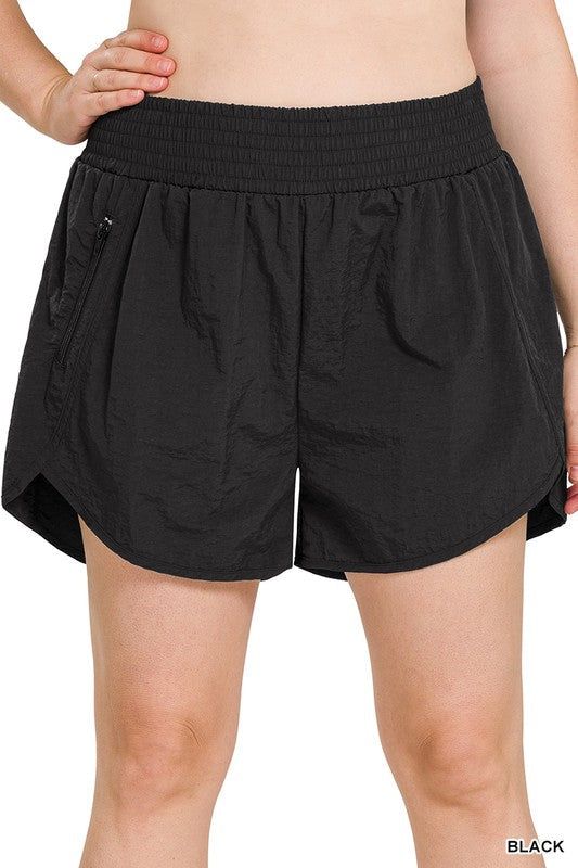 Zenana Plus Windbreaker Smocked Waistband Running Shorts us.meeeshop - 