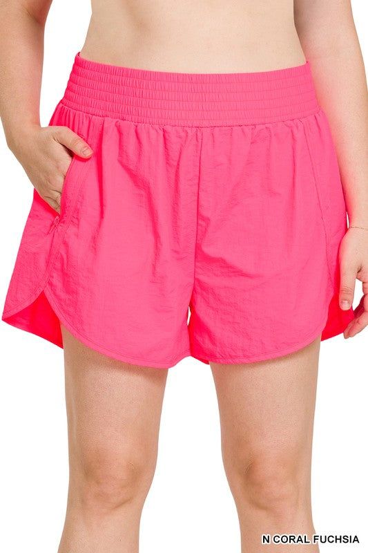 Zenana Plus Windbreaker Smocked Waistband Running Shorts us.meeeshop - 