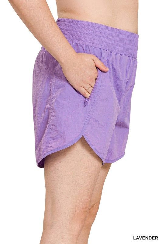 Zenana Plus Windbreaker Smocked Waistband Running Shorts us.meeeshop - 