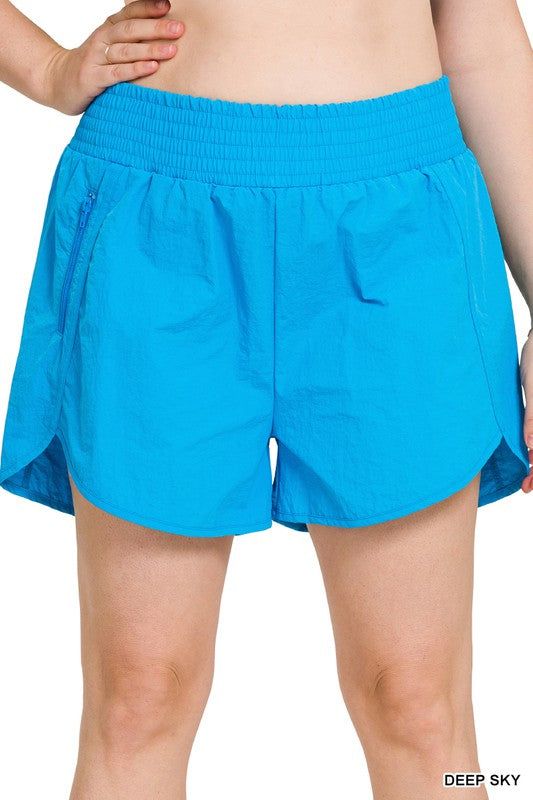 Zenana Plus Windbreaker Smocked Waistband Running Shorts us.meeeshop - 