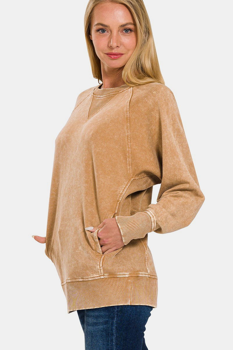 Zenana Pocketed Round Neck Sweatshirt us.meeeshop - 