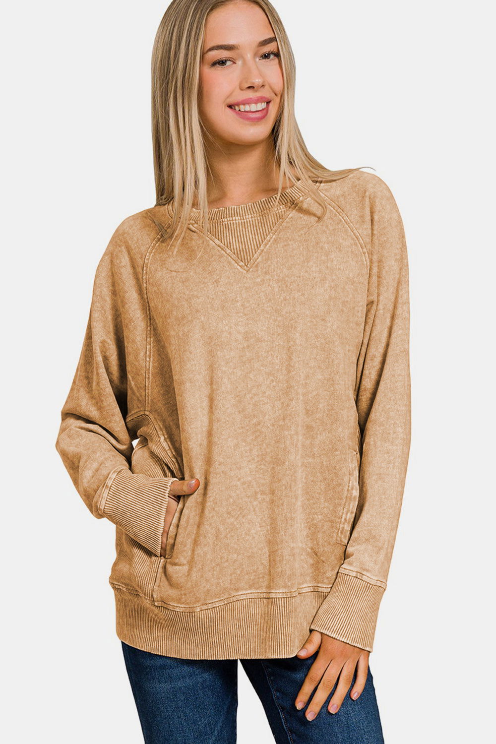 Zenana Pocketed Round Neck Sweatshirt us.meeeshop - Shirts & Tops