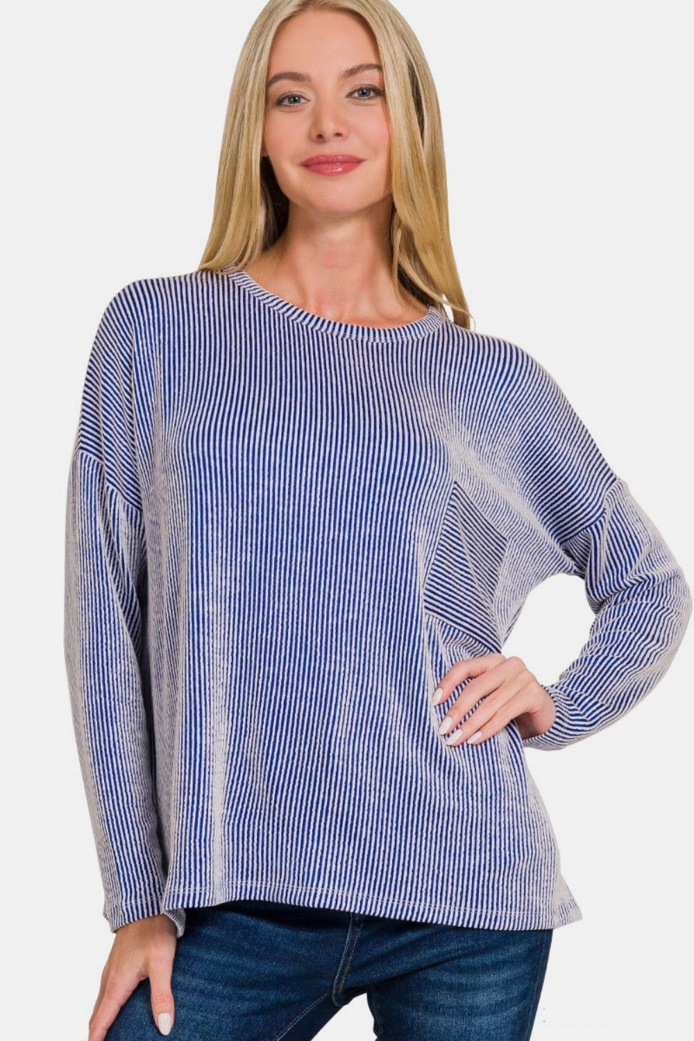 Zenana Ribbed Striped Long Sleeve T-Shirt us.meeeshop - Shirts & Tops