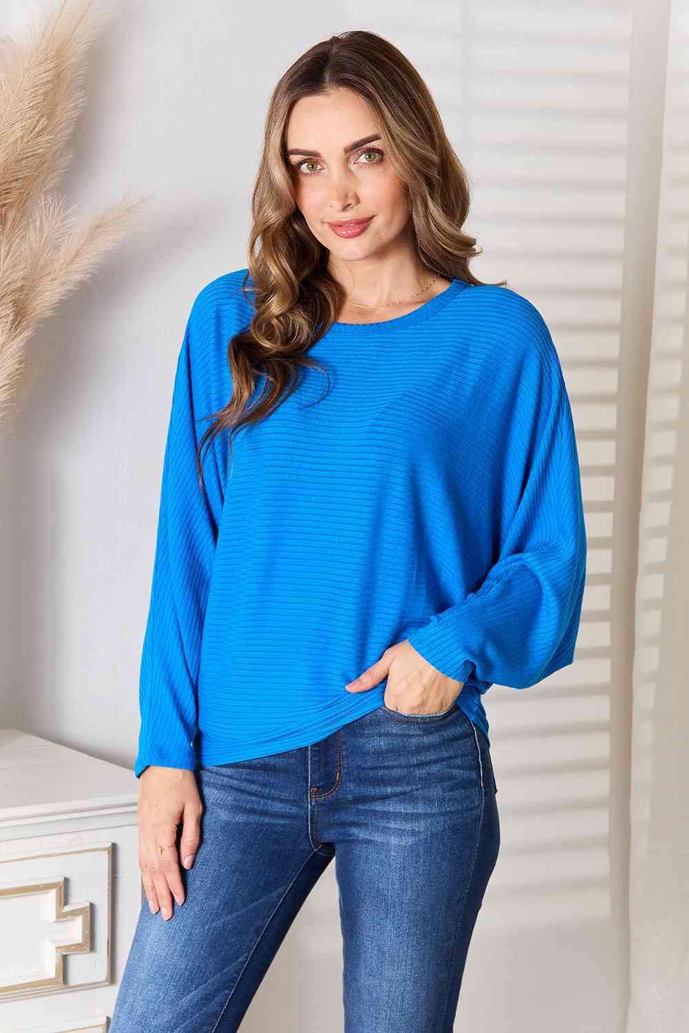 Zenana | Round Neck Batwing Sleeve Blouse us.meeeshop - Shirts & Tops