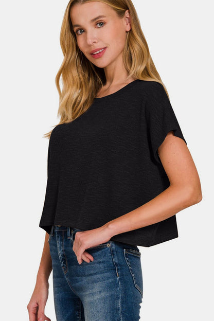 Zenana Round Neck Short Sleeve Crop T-Shirt us.meeeshop - 