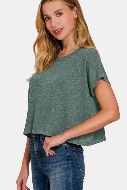 Zenana Round Neck Short Sleeve Crop T-Shirt us.meeeshop - 