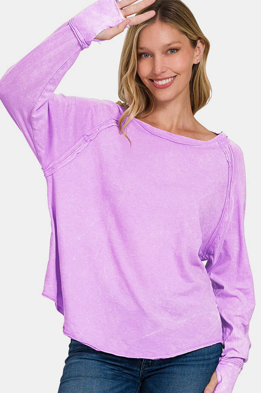 Zenana Round Neck Thumbhole Long Sleeve T-Shirt In Lavender us.meeeshop - Shirts & Tops