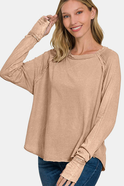 Zenana Round Neck Thumbhole Long Sleeve T-Shirt us.meeeshop - 