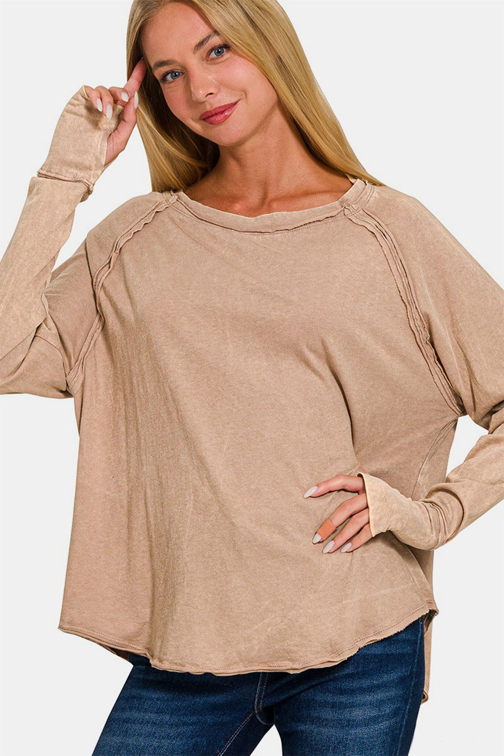 Zenana Round Neck Thumbhole Long Sleeve T-Shirt us.meeeshop - Shirts & Tops