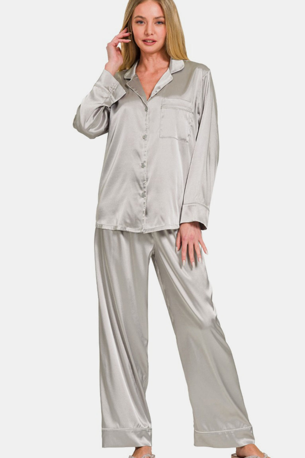 Zenana Satin Long Sleeve Shirt and Pants Pajama Set us.meeeshop - 