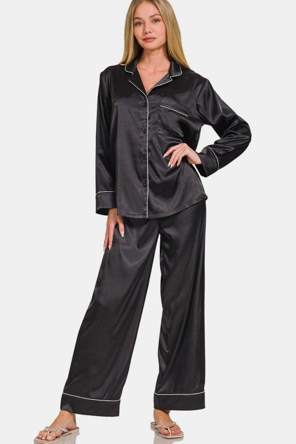 Zenana Satin Long Sleeve Shirt and Pants Pajama Set us.meeeshop - Outfit Sets