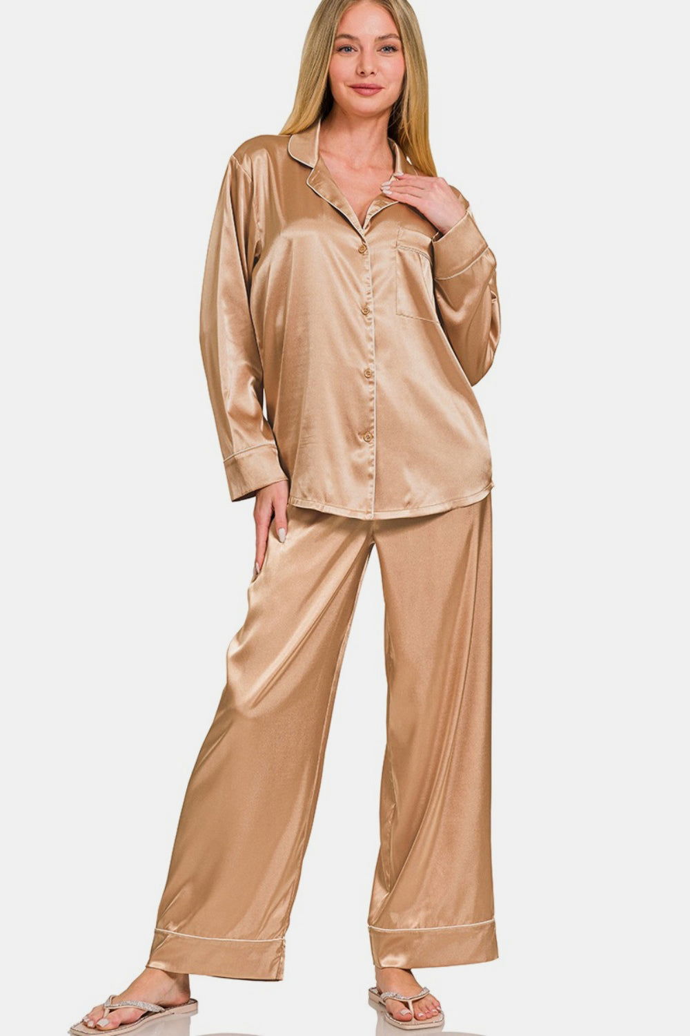 Zenana Satin Long Sleeve Shirt and Pants Pajama Set us.meeeshop - Outfit Sets