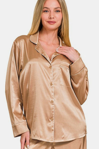 Zenana Satin Long Sleeve Shirt and Pants Pajama Set us.meeeshop - 