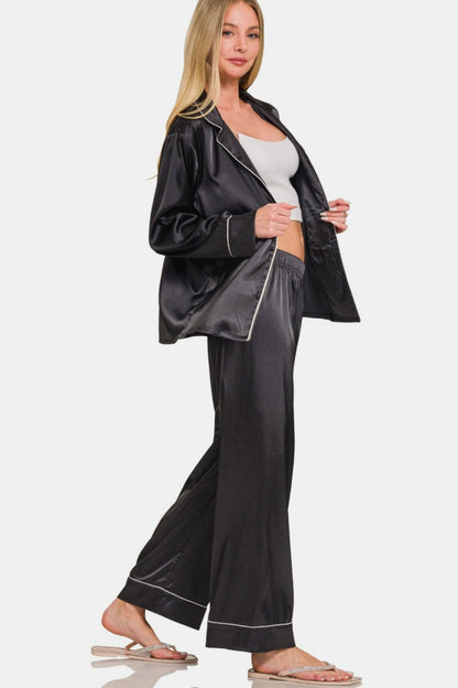 Zenana Satin Long Sleeve Shirt and Pants Pajama Set us.meeeshop - 