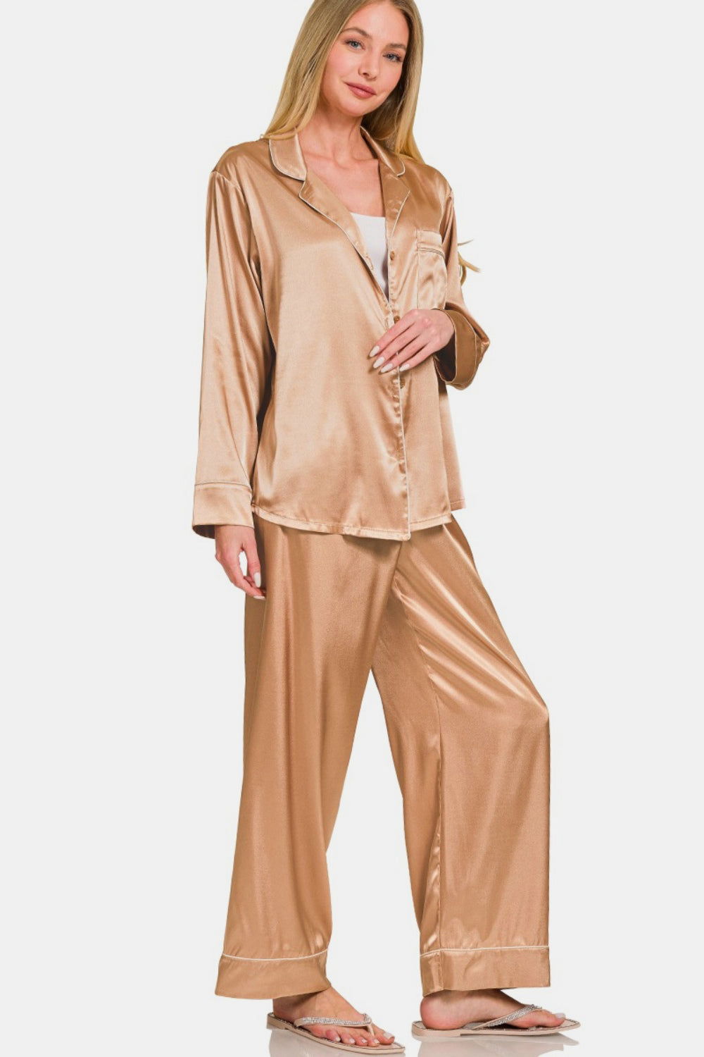 Zenana Satin Long Sleeve Shirt and Pants Pajama Set us.meeeshop - 