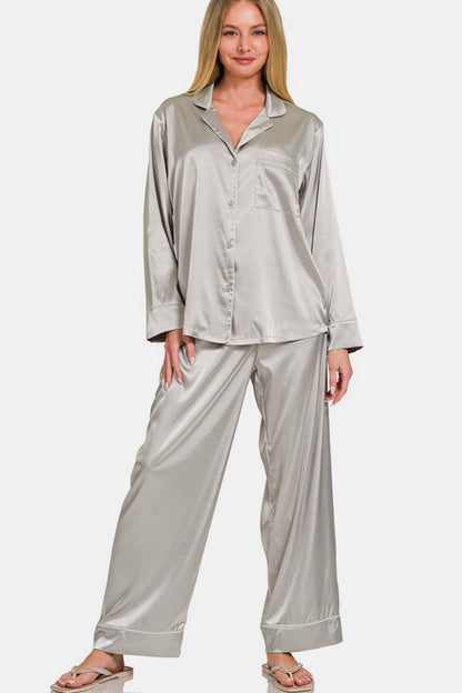 Zenana Satin Long Sleeve Shirt and Pants Pajama Set us.meeeshop - Outfit Sets