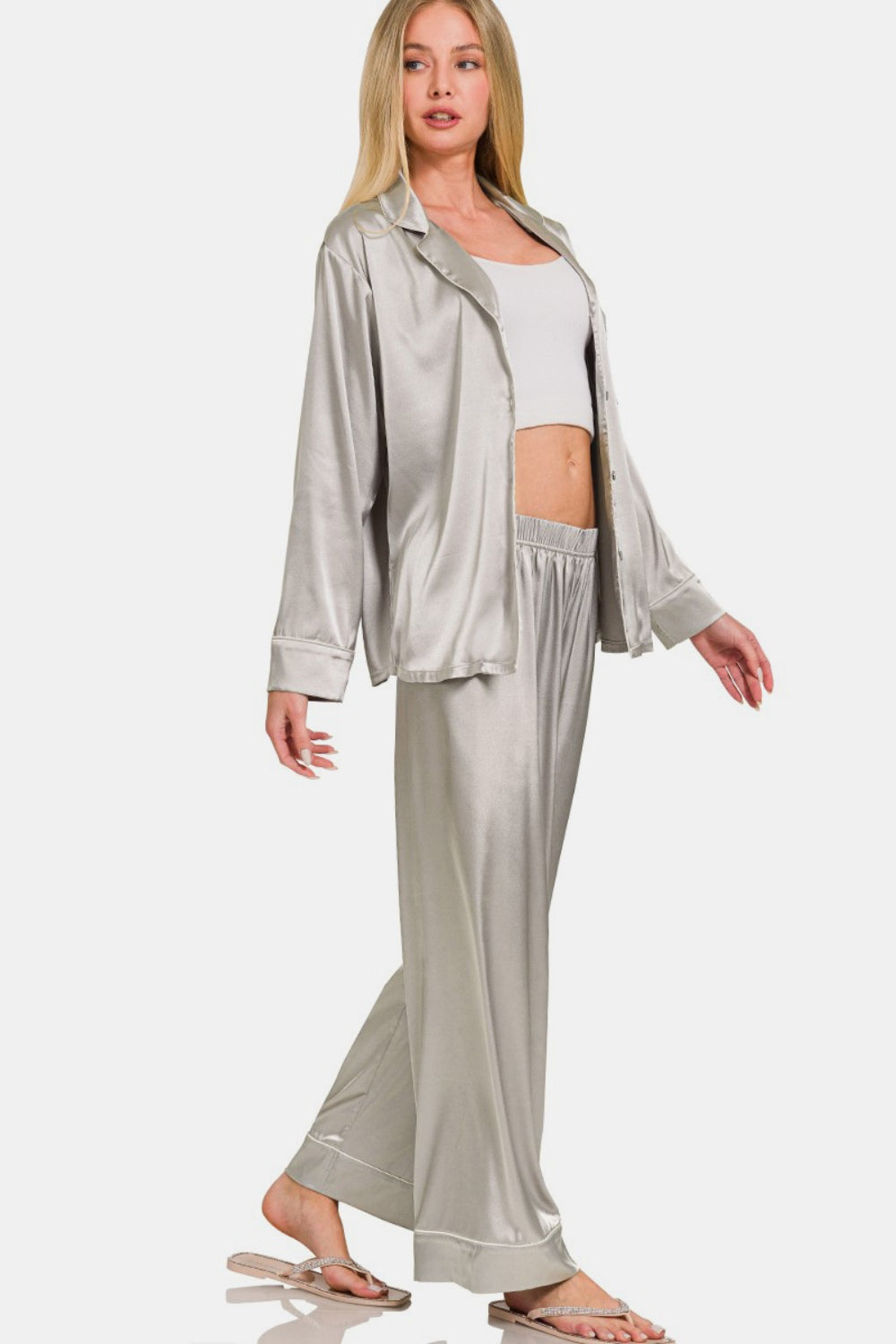 Zenana Satin Long Sleeve Shirt and Pants Pajama Set us.meeeshop - 