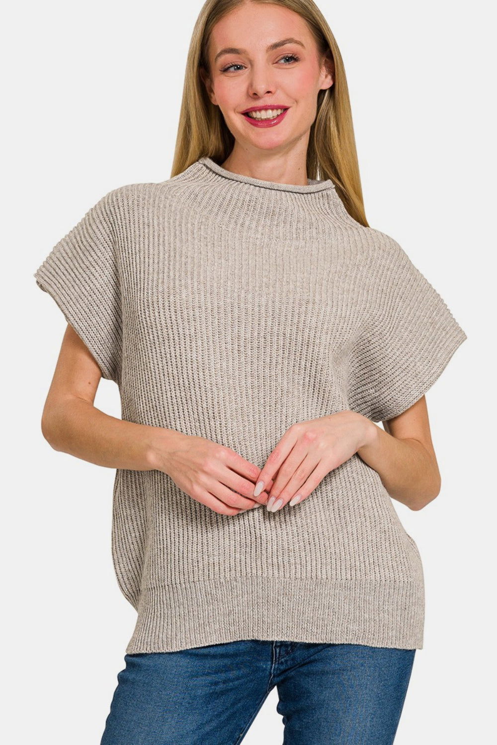 Zenana Short Sleeve Mock Neck Sweater us.meeeshop - Shirts & Tops