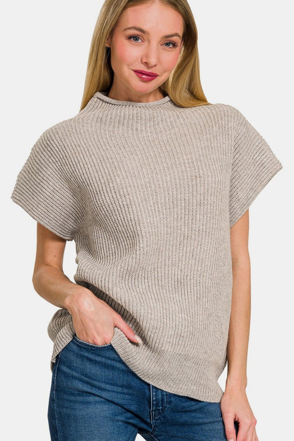 Zenana Short Sleeve Mock Neck Sweater us.meeeshop - 