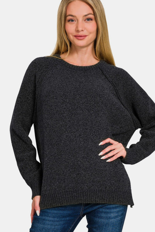 Zenana Side Slit Raglan Sleeve Sweater In Black us.meeeshop - Shirts & Tops